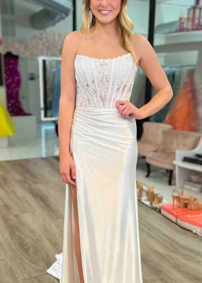 Slit Strapless Corset Sheath Satin Mermaid Prom Dress