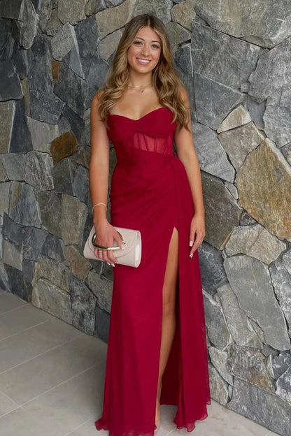 Yellow Slit Strapless Sheath Pleated Long Mermaid Prom Dress