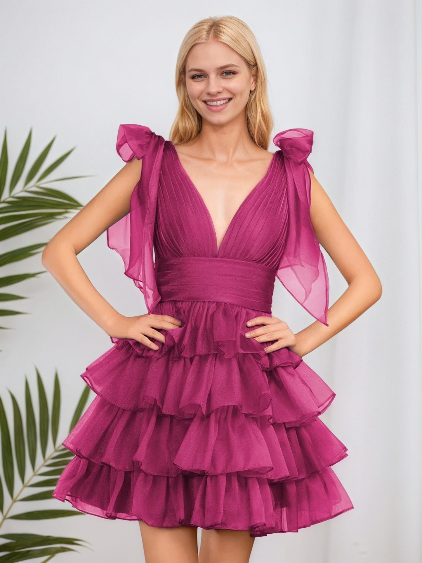 Robe de soirée trapèze bleu roi tendance à volants et nœud