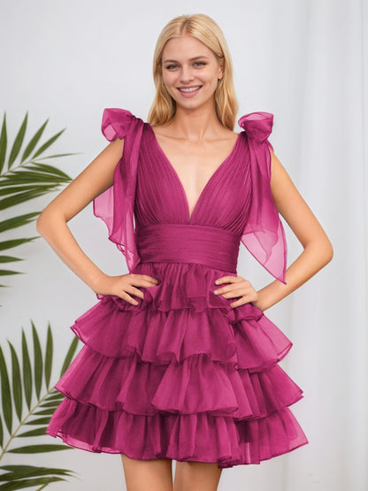 Robe de soirée trapèze bleu roi tendance à volants et nœud