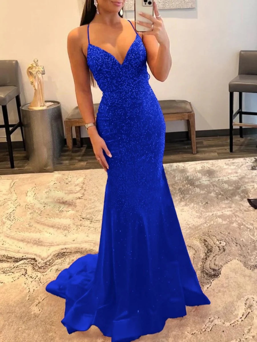 Glitter V Neck Satin Mermaid Prom Dress