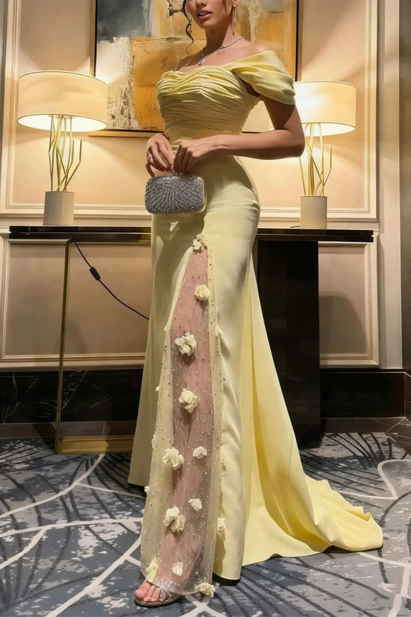 Yellow Off The Shoulder With Flowers Satin Long Mermaid Prom Dress