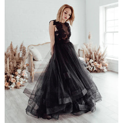 O Neck Sleeveless Lace Top Backless Organza Back A Line Gothic Black Wedding Dress