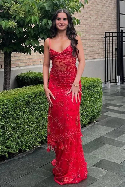 Red Spaghetti Straps Sequined Lace Long Formal Mermaid Prom Dress