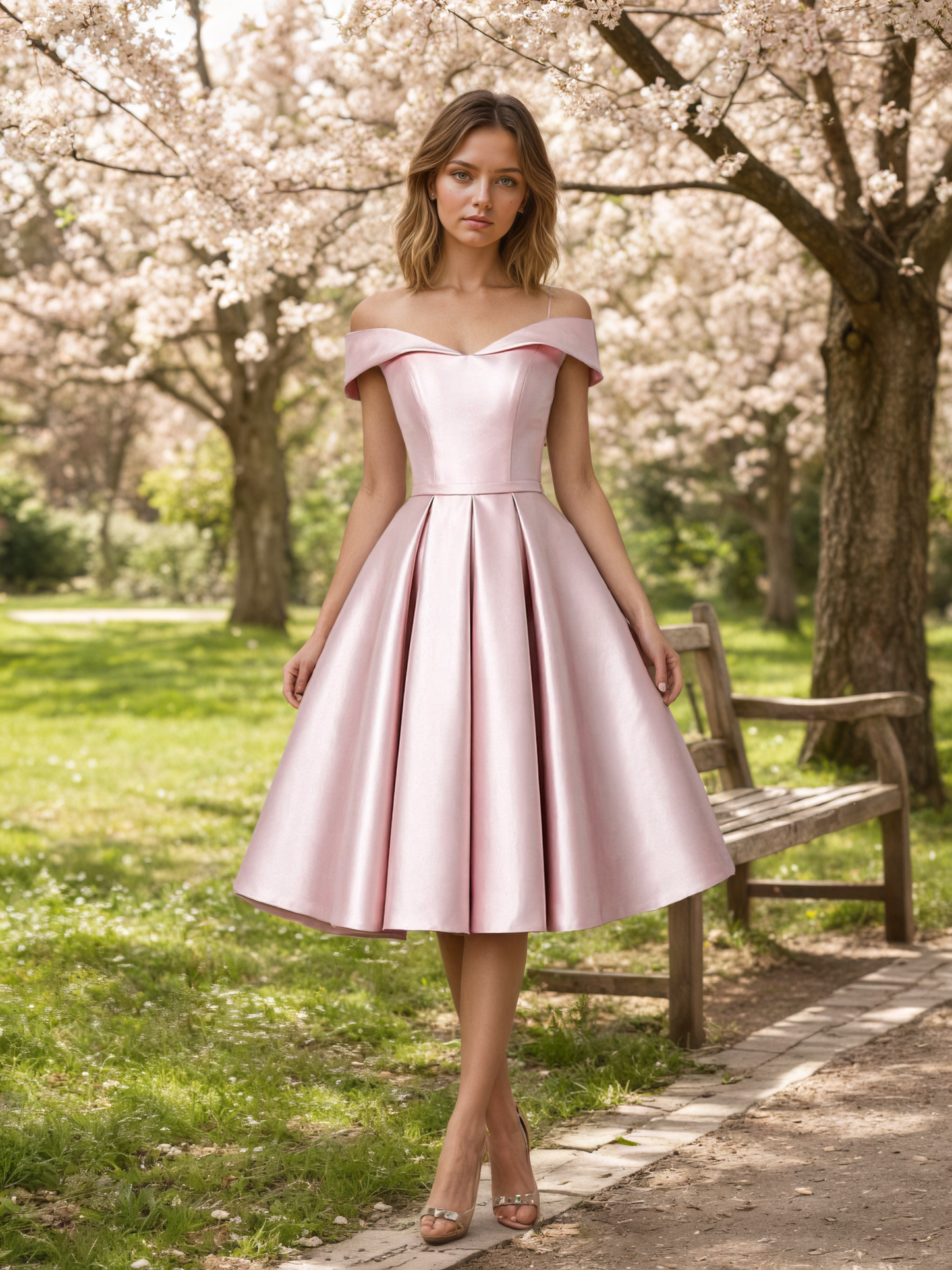 Blush Pink Off-the-Shoulder Satin Homecoming Dress with Lace-Up Back Customized