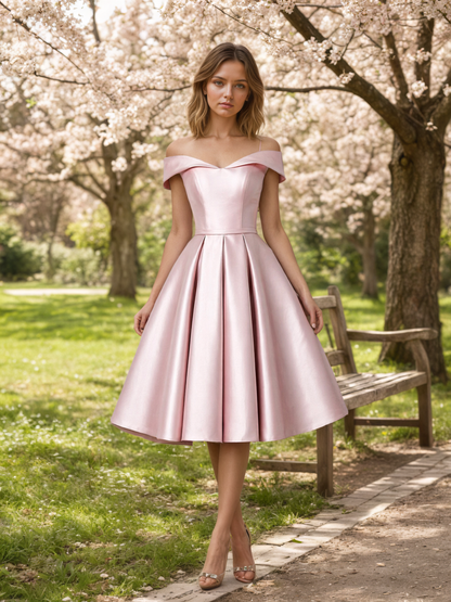 Blush Pink Off-the-Shoulder Satin Homecoming Dress with Lace-Up Back Customized