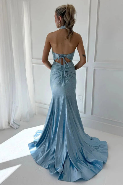 Sky Blue Slit Halter Satin Beaded Long Formal Mermaid Prom Dress