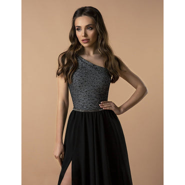 High Slit One Shoulder Sleeve Sequin Top A Line Gothic Black Wedding Dress