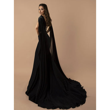 Flowing Sleeves and Plunging Neckline Embroidery Mermaid Gothic Black Wedding Dress
