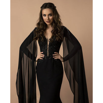 Flowing Sleeves and Plunging Neckline Embroidery Mermaid Gothic Black Wedding Dress