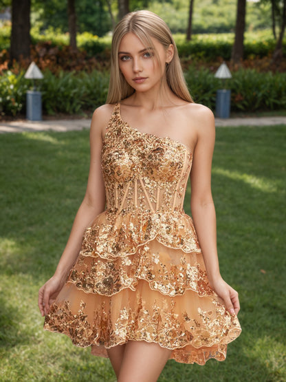 A Line One Shoulder Navy Tiered Lace Short Homecoming Dress