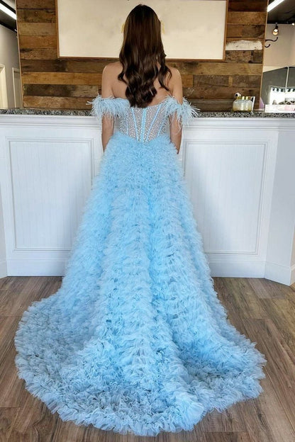 Roycebridal Astrid |A Line Off the Shoulder Tiered Tulle Prom Dress With Slit