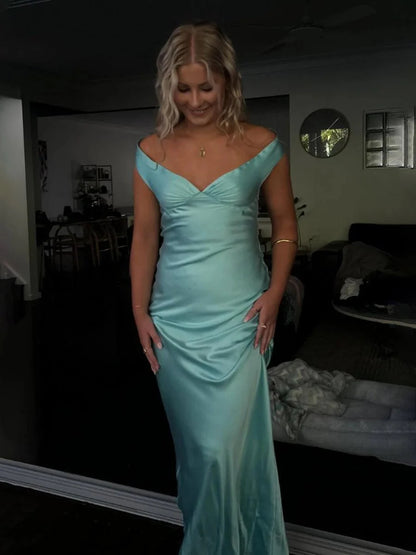 Aqua Off The Shoulder Satin Long Mermaid Prom Dress