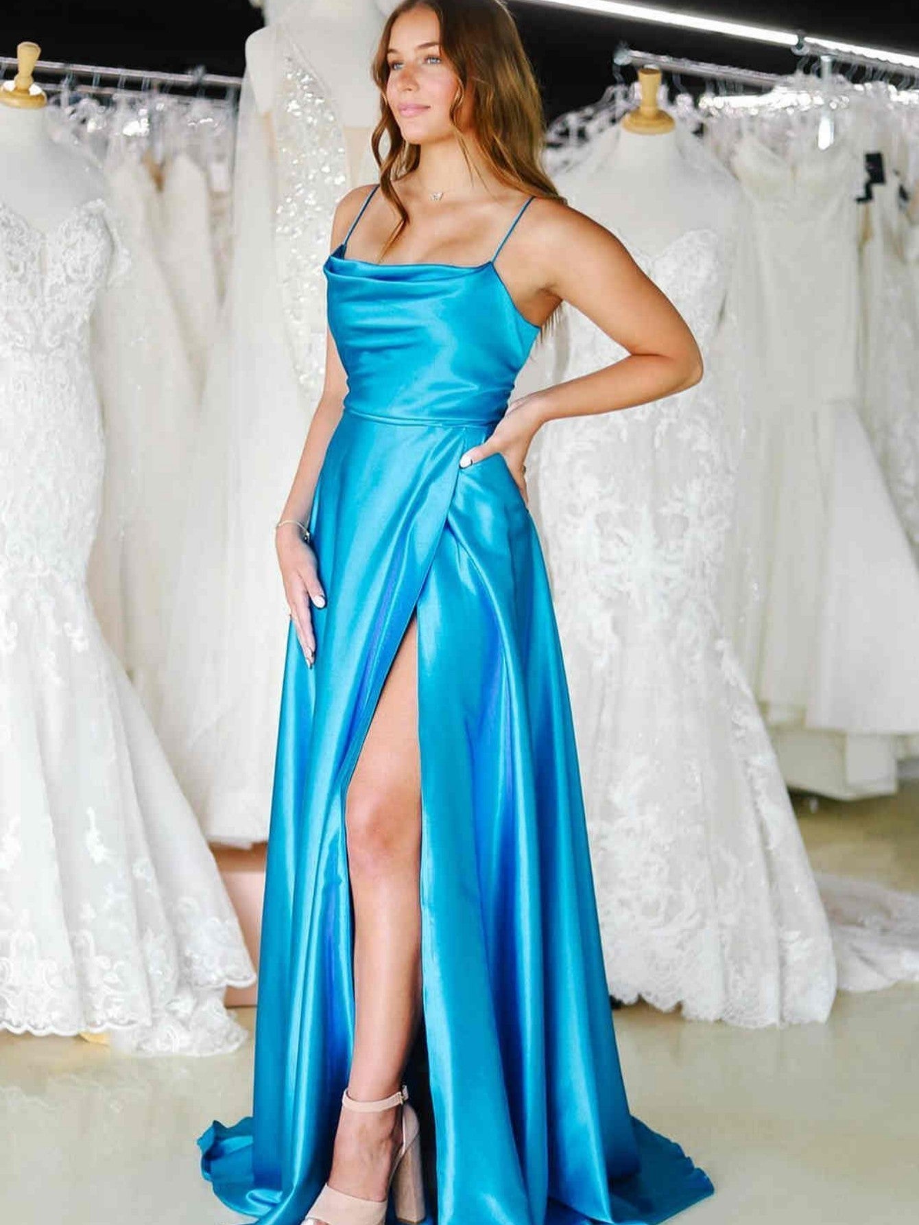 Roycebridal Araya |A Line Cowl Neck Satin Prom Dress With Slit