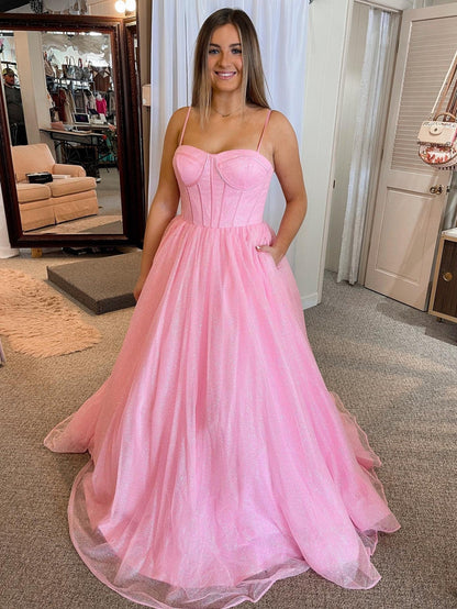 Roycebridal Julissa |A Line Glitter Tulle Prom Dress with Pockets