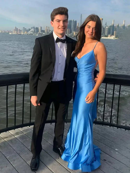 Blue Spaghetti Straps Satin Backless Long Prom Mermaid Dress