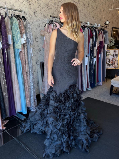 Roycebridal Mermaid Black One Shoulder Tiered Seqins Long Prom Dress