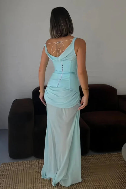 Sky Blue One Shoulder Sheath Chiffon Pleated Long Formal Mermaid Prom Dress