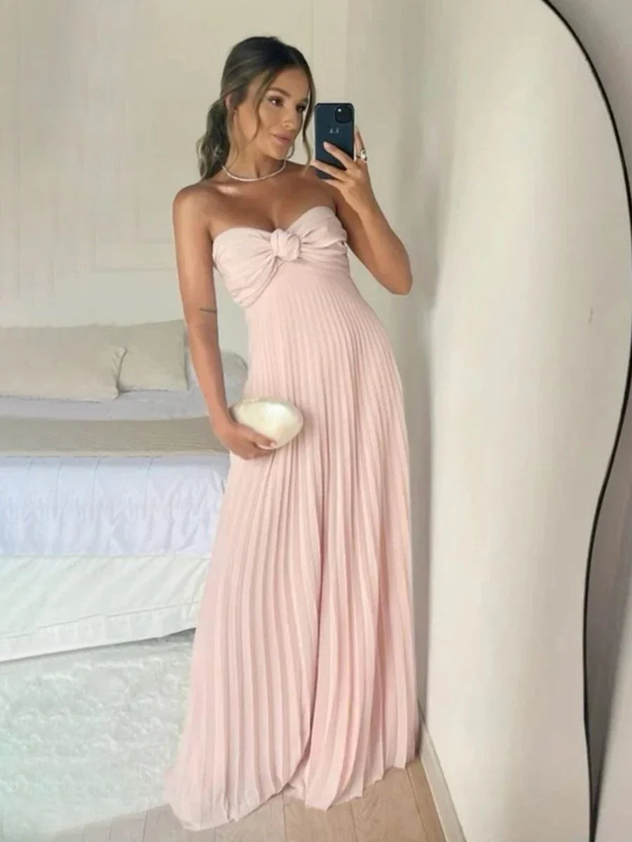 Light Pink Strapless Chiffon A Line Long Prom Dress