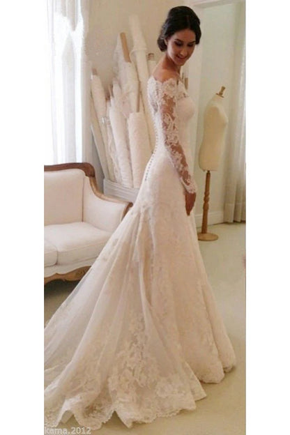 Ivory Long Sleeve Off Shoulder Lace Mermaid Wedding Dress Custom Made Customized