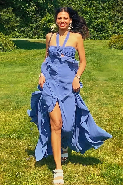 Pink Halter Chiffon Ruffled Cut Out Long A Line Prom Dress