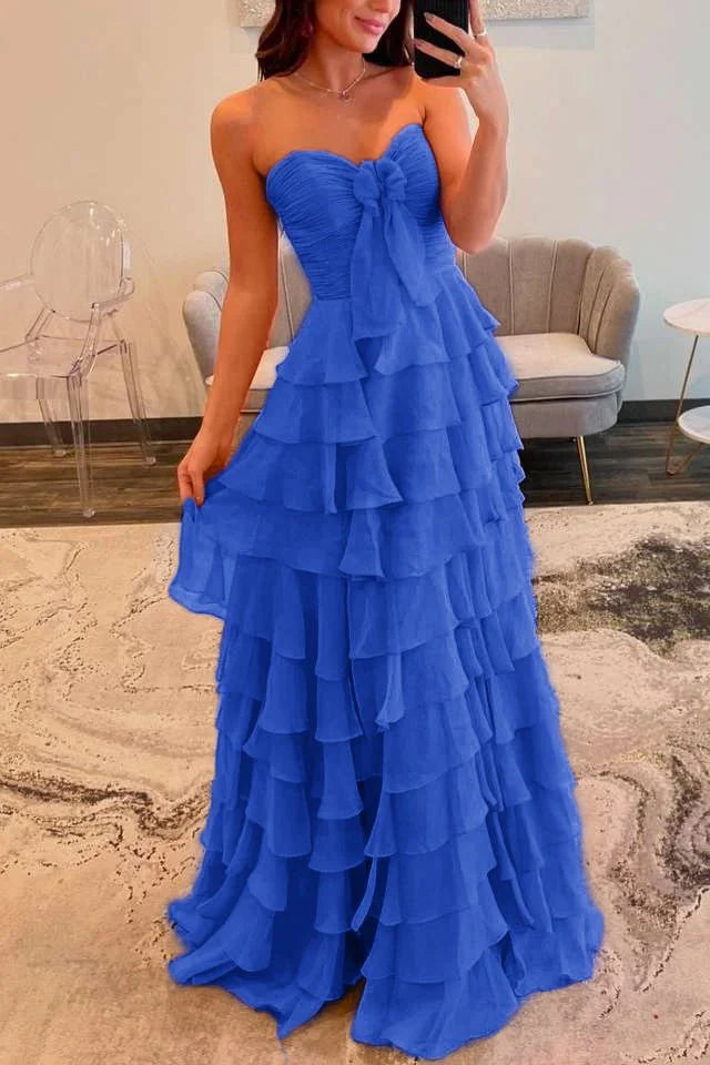 Slit Fuchsia Sweetheart Tiered Ruffles Chiffon A Line Prom Dress