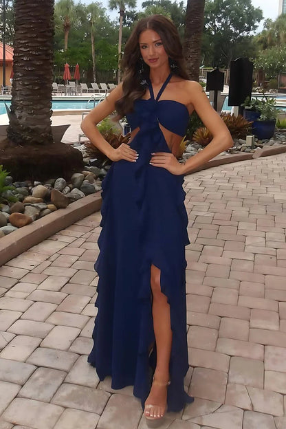 Pink Halter Chiffon Ruffled Cut Out Long A Line Prom Dress