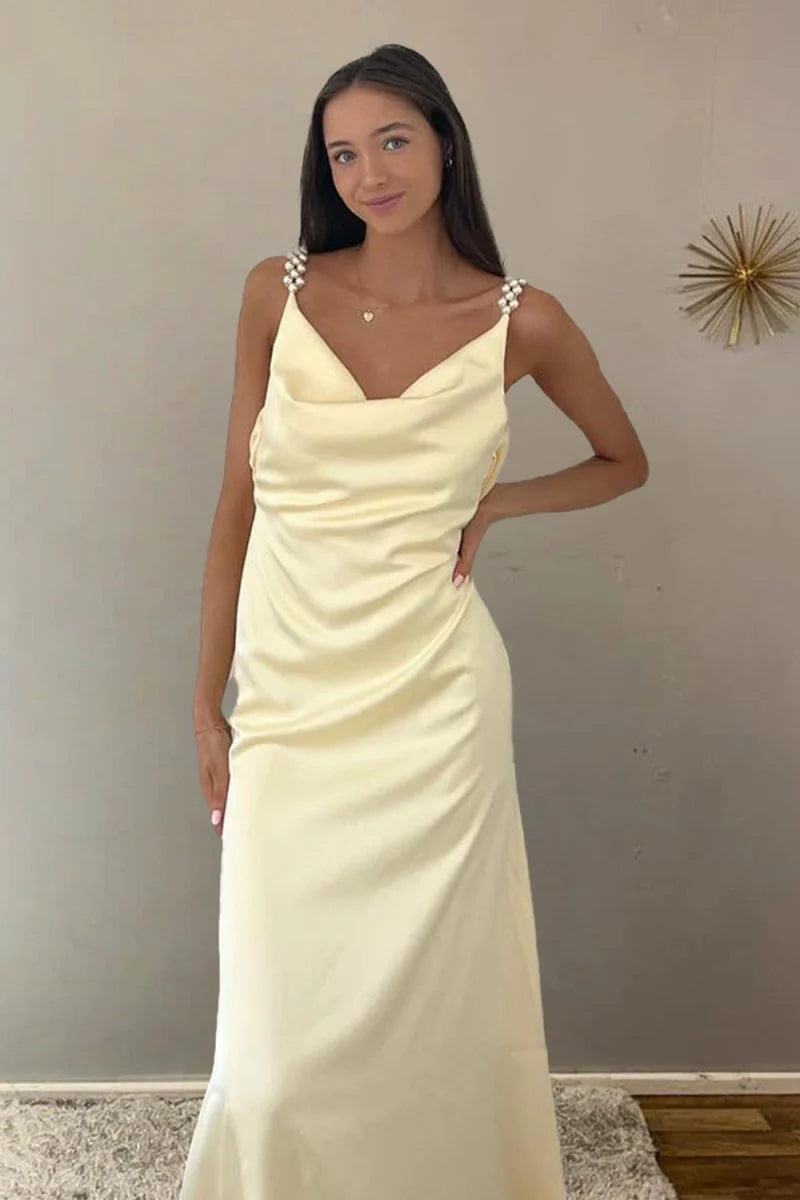 Yellow Sheath Spaghetti Straps Pearls Satin Long Mermaid Prom Dress