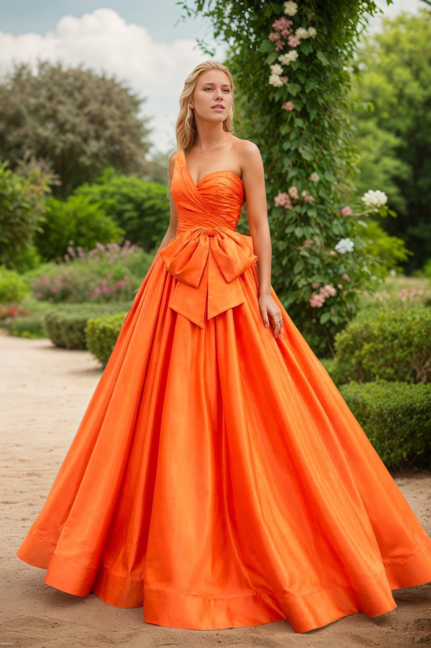 Orange One Shoulder Satin A Line Prom Dress With Bow
