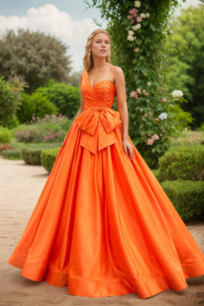 Orange One Shoulder Satin A Line Prom Dress With Bow