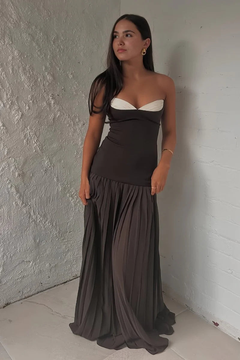 Brown Strapless Sheath Chiffon Pleated Long A Line Prom Dress