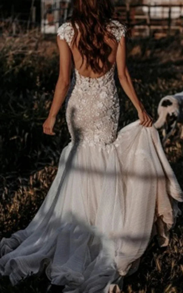 Vintage Lace V Neck Short Sleeve Open Back Mermaid Wedding Dress Custom Made Customized