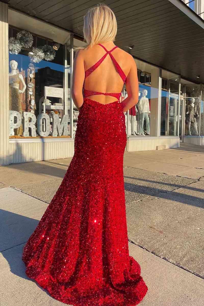 Roycebridal Red Halter Sequins Long Prom Dress with Tassel
