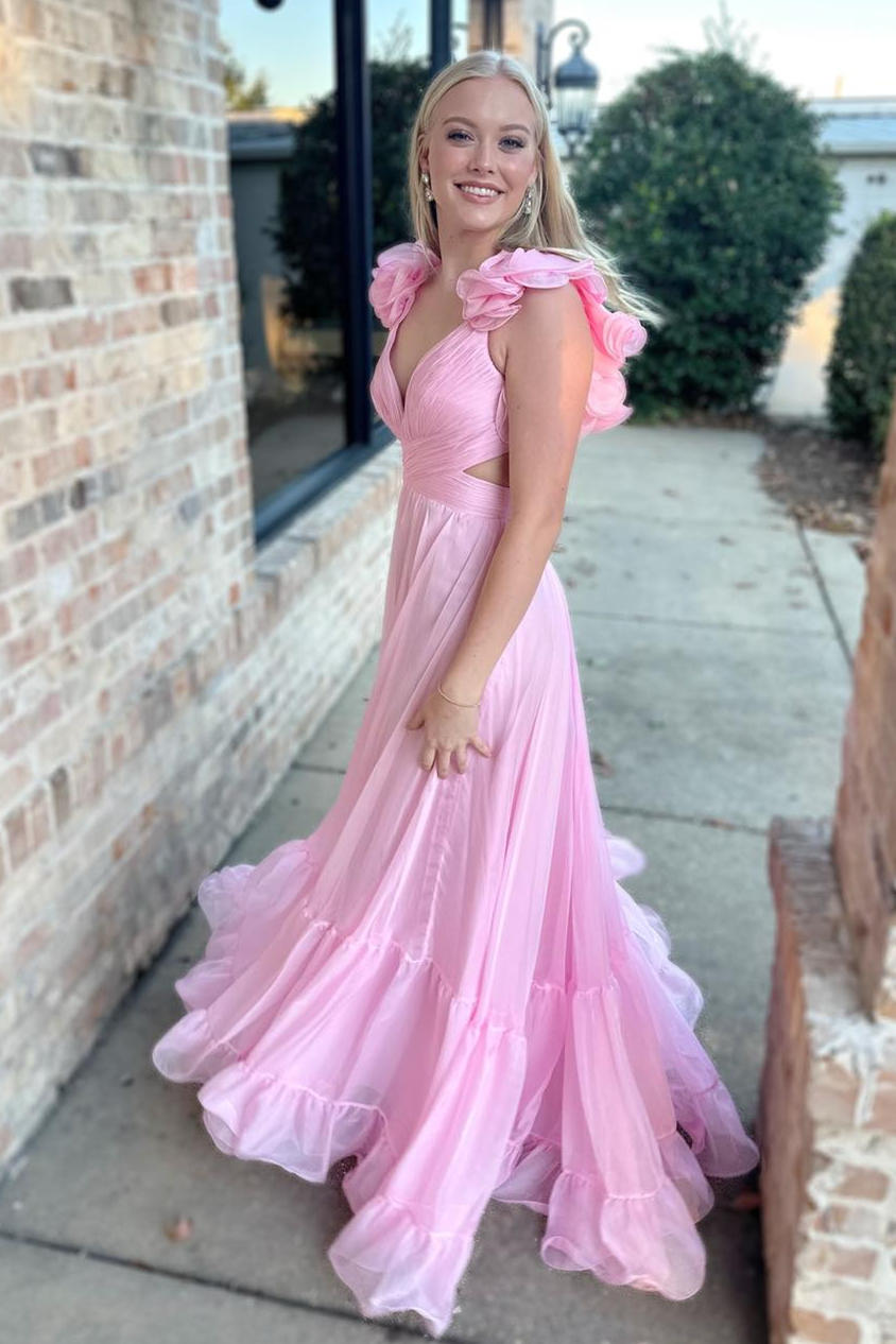 Roycebridal Aadhya | Lace-Up Fuchsia V-Neck Ruffle Pleated Long Prom Dress