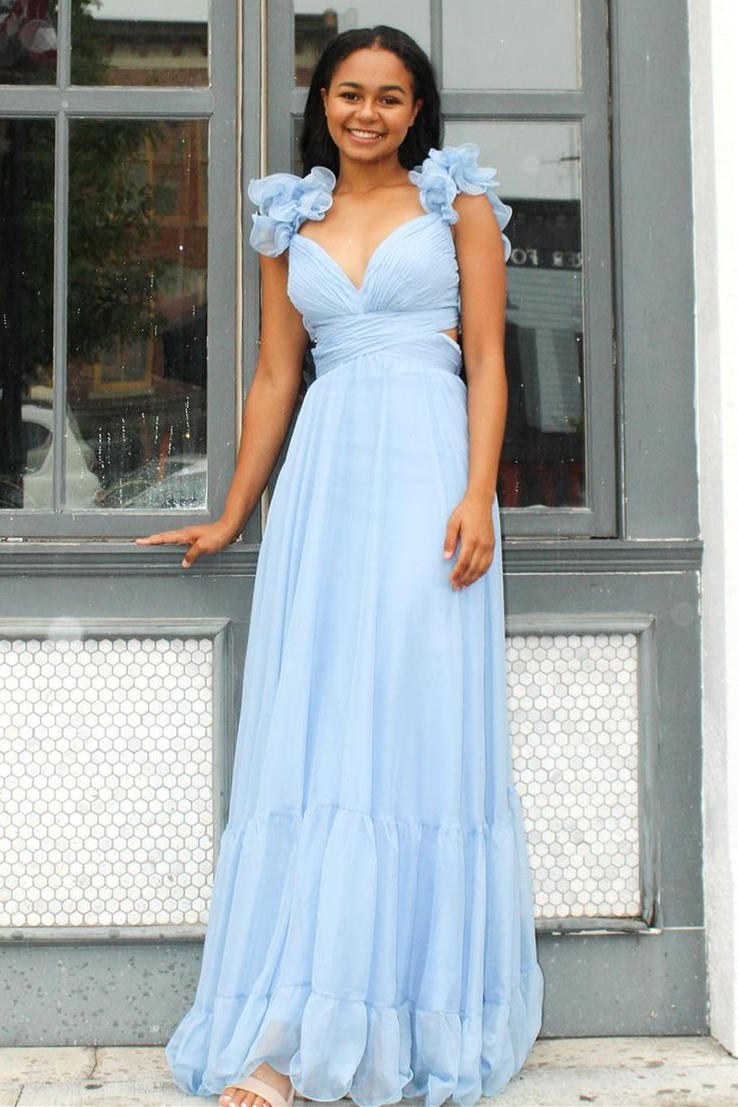 Roycebridal Aadhya | Lace-Up Fuchsia V-Neck Ruffle Pleated Long Prom Dress