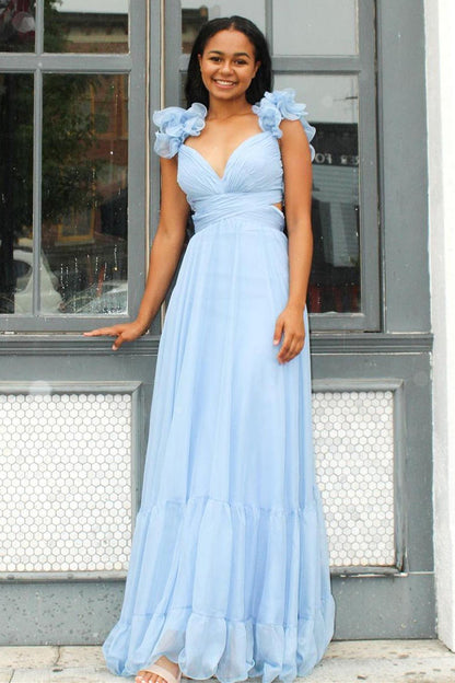 Roycebridal Aadhya | Lace-Up Fuchsia V-Neck Ruffle Pleated Long Prom Dress
