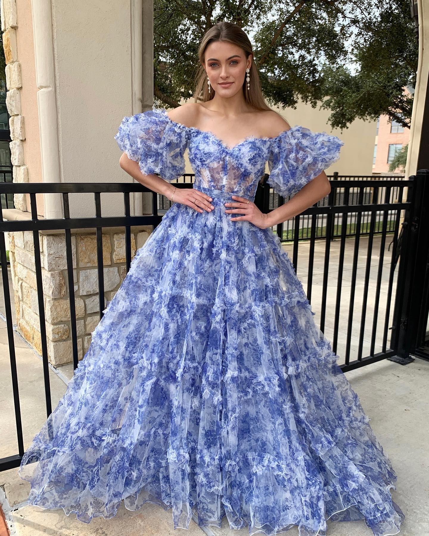 Roycebridal Sydney| Off the Shoulder Blue Floral Print Ruffled Tulle Prom Dress