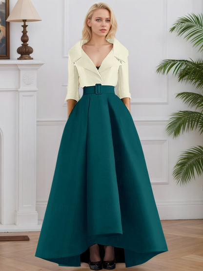 3/4 Length Sleeve Shirt Collar with Pocket Satin A Line  Formal Evening Dresses