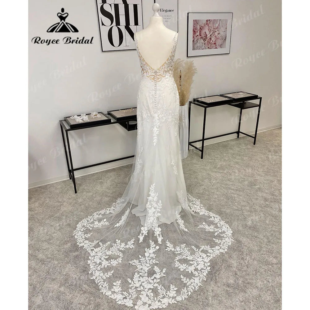 gelinlik Lace Plunging Deep V Neck Mermaid Wedding Dress for Women 2024 Boho Bridal Gown Backless Spaghetti Straps abito da spos