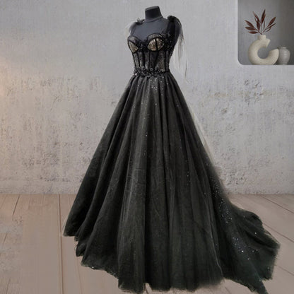 Roycebridal Glitter Lace Tulle Sweetheart Corset Court Black Wedding Dress
