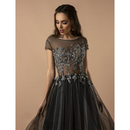 Black And Silver Charcoal Sequins A Line Tulle Beading Gothic Wedding Dress