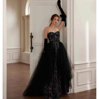 Fairy Sweetheart Neck Beading Mermaid with Train Gothic Black Wedding Dress