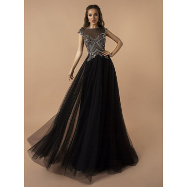 O Neck Short Cap Sleeve Beading Top Tulle A Line Gothic Black Wedding Dress