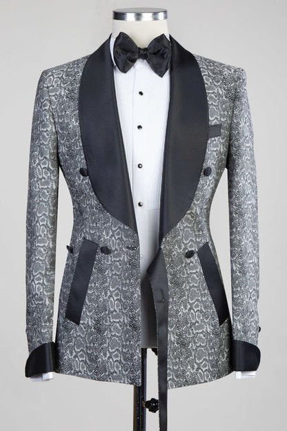 Gray Double Breasted Jacquard Wedding Men Suits with Black Lapel-showprettydress