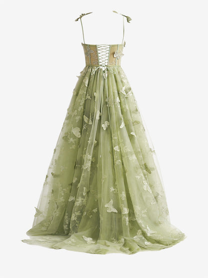 Roycebridal Green A-line Butterfly Lace Lilac Corset Prom Dress with Slit
