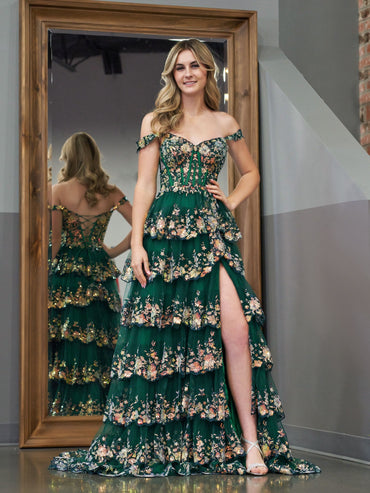 Roycebridal Green Princess A Line Off the Shoulder Corset Prom Dress with Lace Ruffles