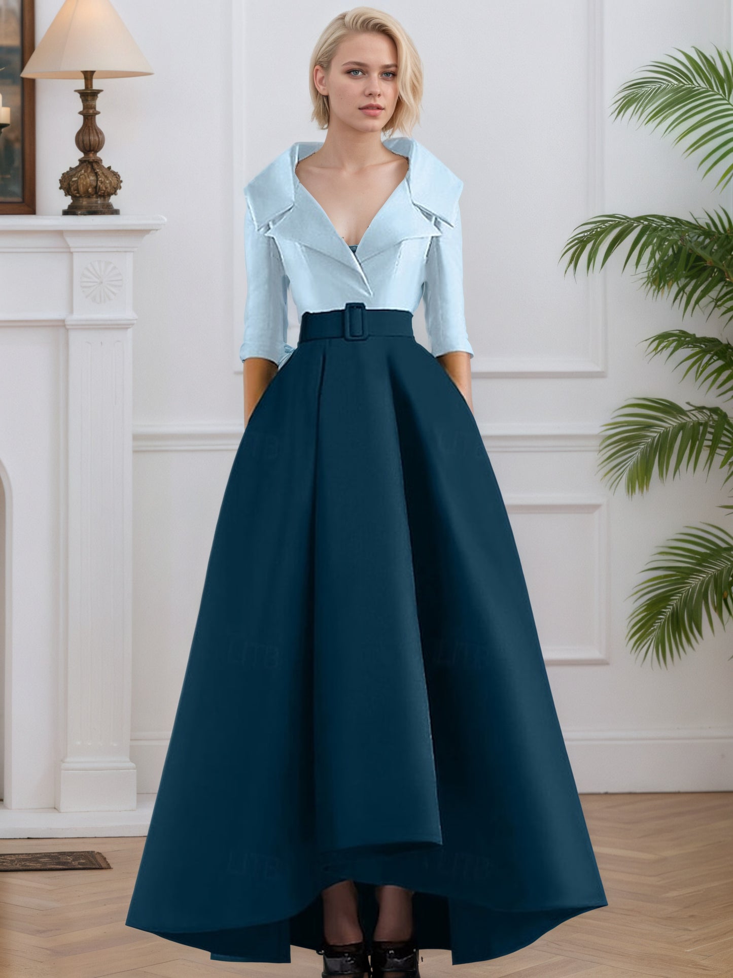 3/4 Length Sleeve Shirt Collar with Pocket Satin A Line  Formal Evening Dresses