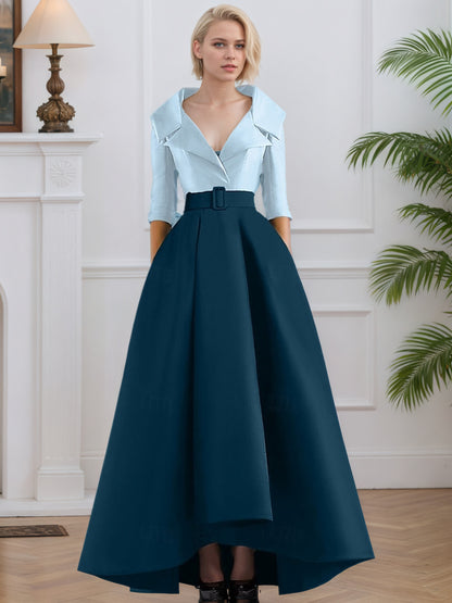 3/4 Length Sleeve Shirt Collar with Pocket Satin A Line  Formal Evening Dresses