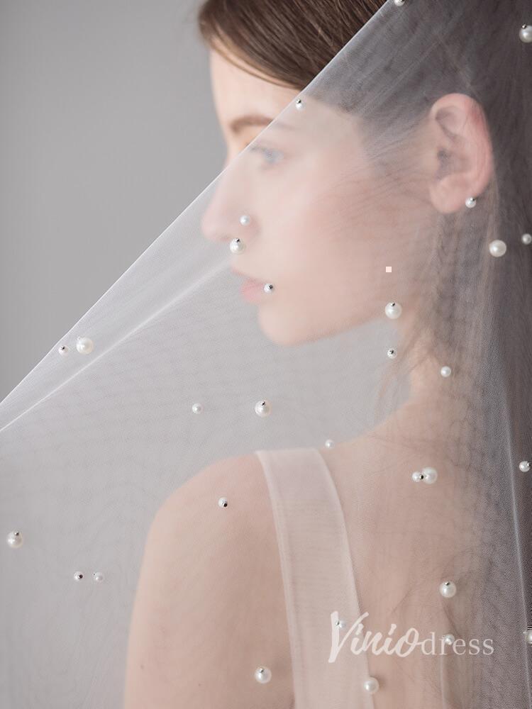Hip Length Ivory Tulle Wedding Veils with Pearl Drop Veil V1052-Veils-Viniodress-Ivory-Viniodress