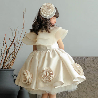 Roycebridal Elegant Beige Girl Dresses Handmade Flowers with Headgear for Kids Wedding Birthday Holiday Party Gown 2025 J104